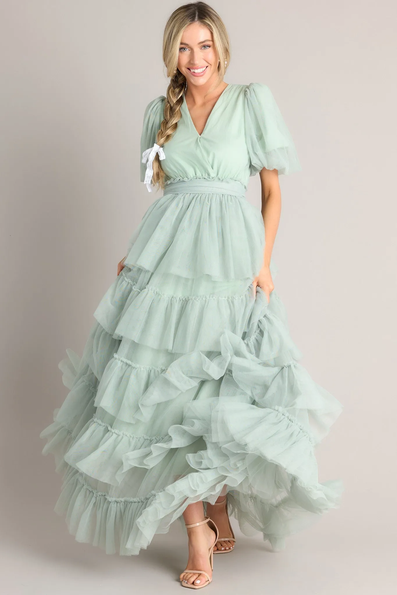 A Beautiful Feeling Seafoam Tiered Tulle Maxi Dress