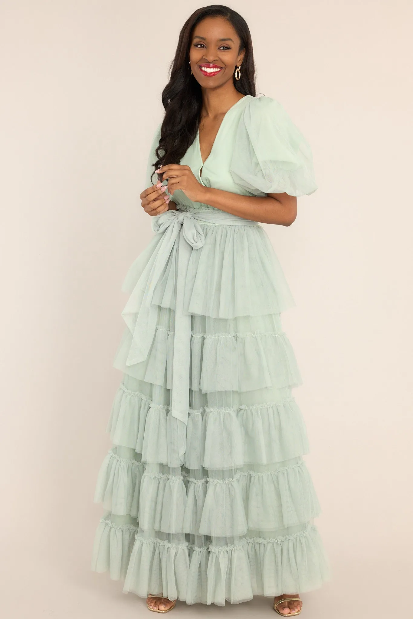 A Beautiful Feeling Seafoam Tiered Tulle Maxi Dress