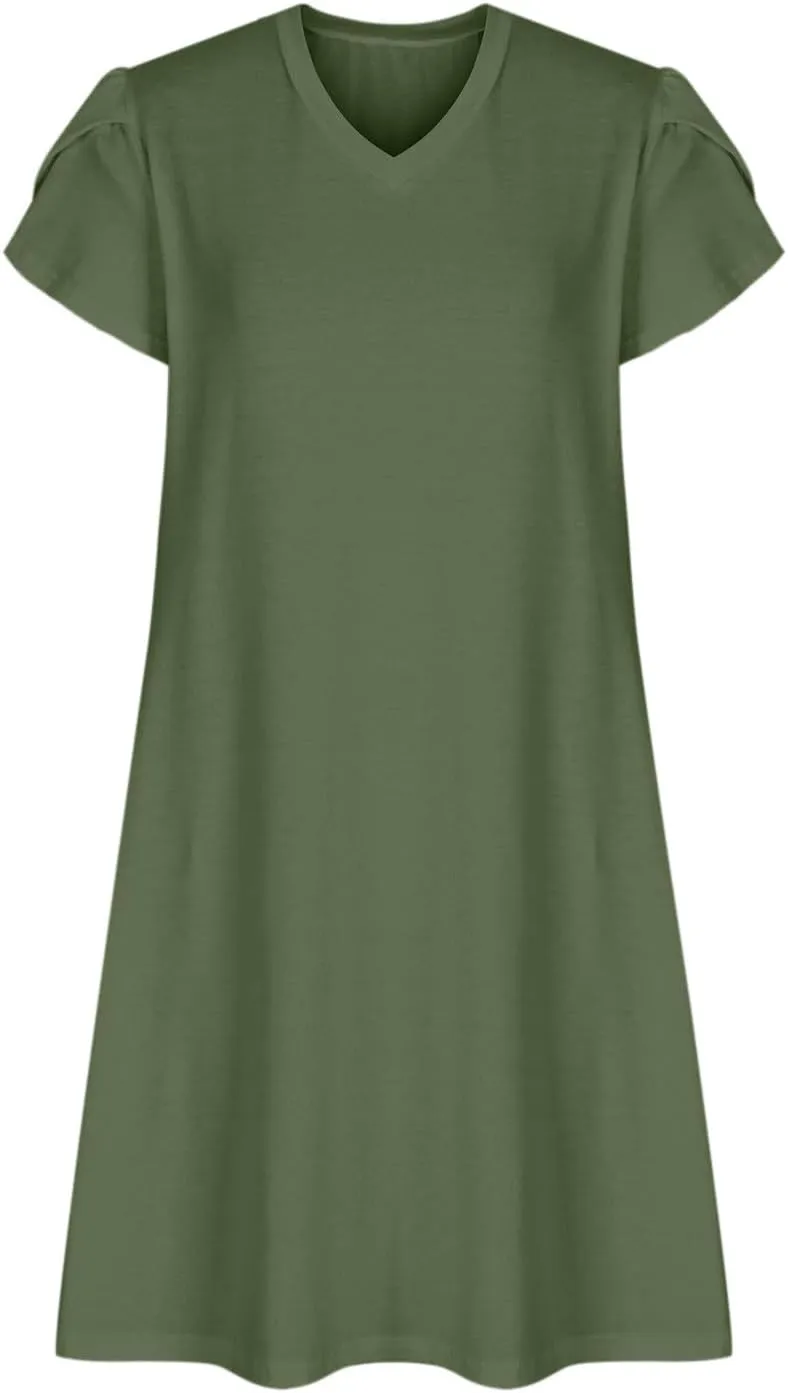 Beach Dresses for Women 2025 Vacation Casual Short Sleeve Dresses Solid Color Loose Crew Neck Sundress with Pocket