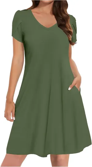 Beach Dresses for Women 2025 Vacation Casual Short Sleeve Dresses Solid Color Loose Crew Neck Sundress with Pocket