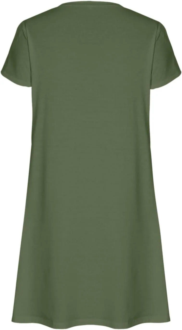 Beach Dresses for Women 2025 Vacation Casual Short Sleeve Dresses Solid Color Loose Crew Neck Sundress with Pocket