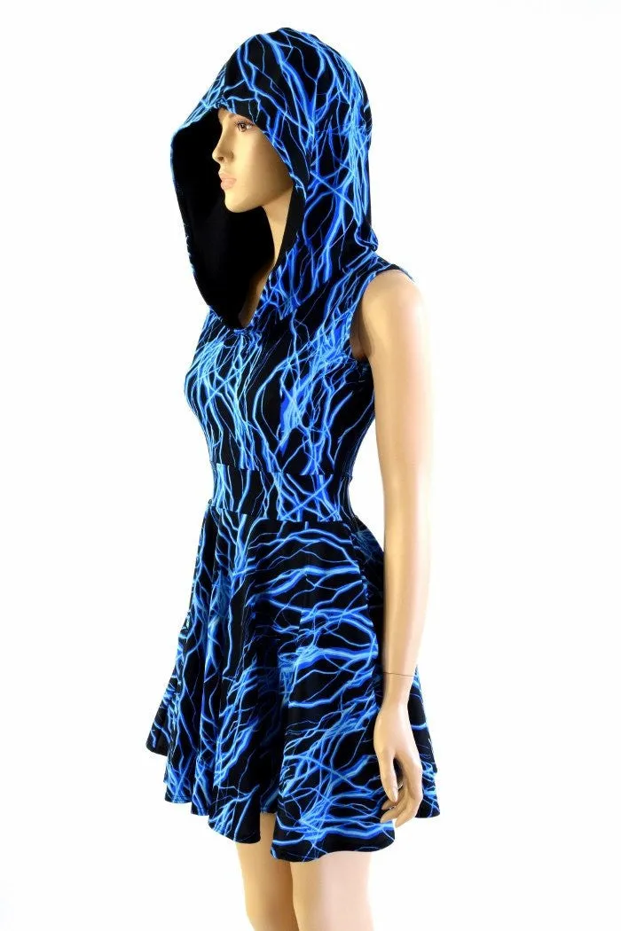 Blue Lightning Pocket Hooded Skater Dress