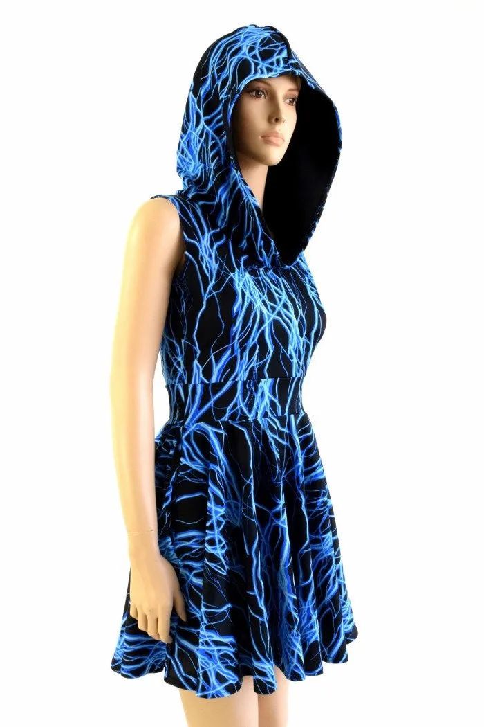 Blue Lightning Pocket Hooded Skater Dress