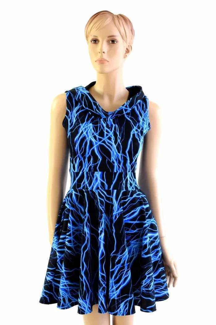 Blue Lightning Pocket Hooded Skater Dress