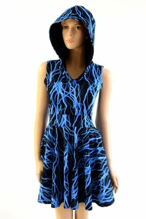 Blue Lightning Pocket Hooded Skater Dress