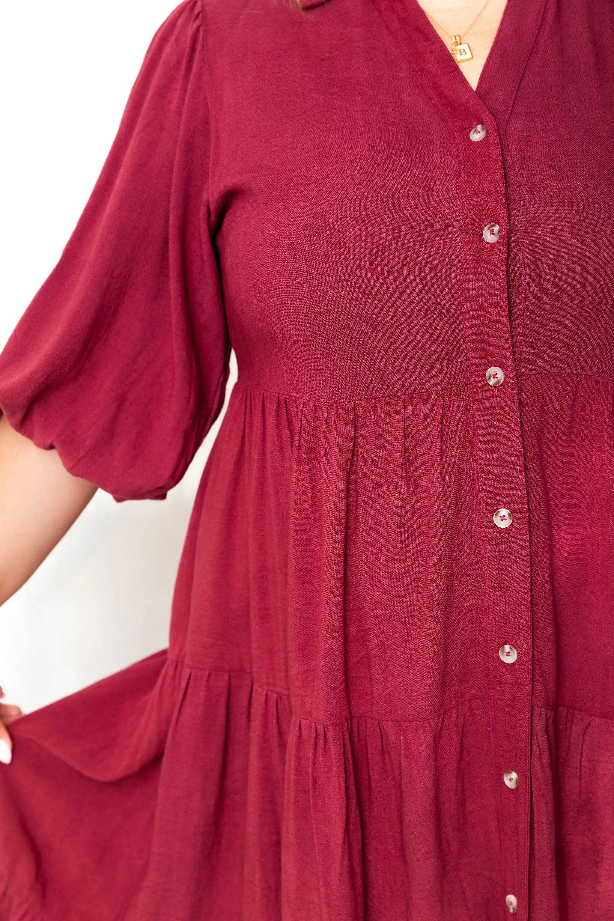 Button Down Tiered Midi Dress - Berry