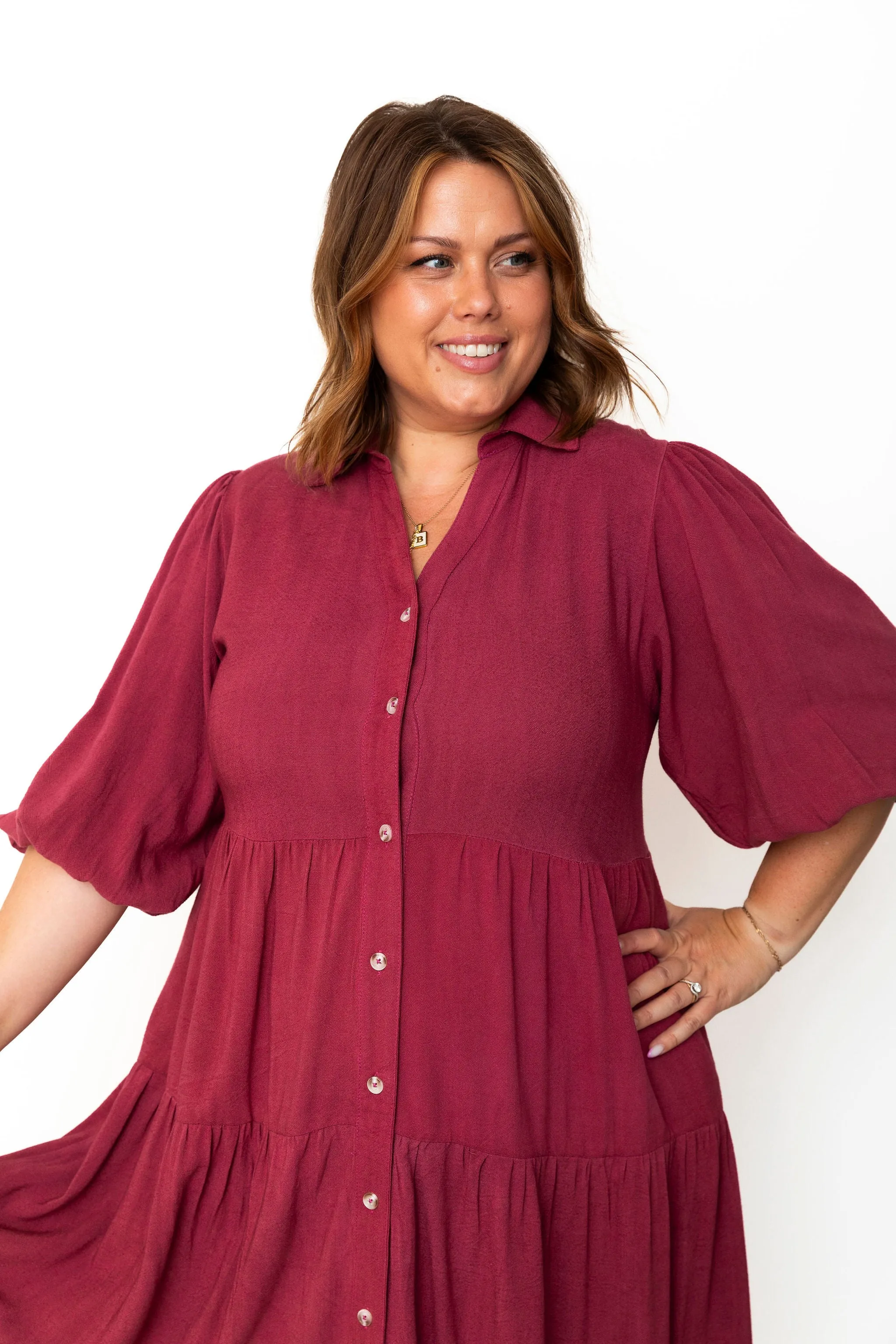 Button Down Tiered Midi Dress - Berry