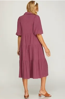 Button Down Tiered Midi Dress - Berry