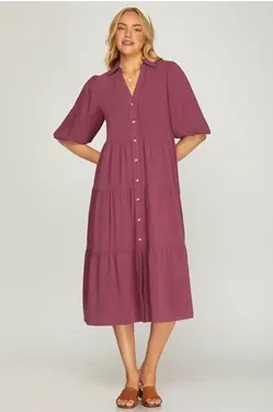 Button Down Tiered Midi Dress - Berry
