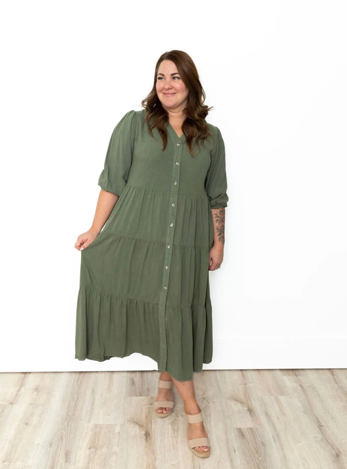 Button Down Tiered Midi Dress - Olive