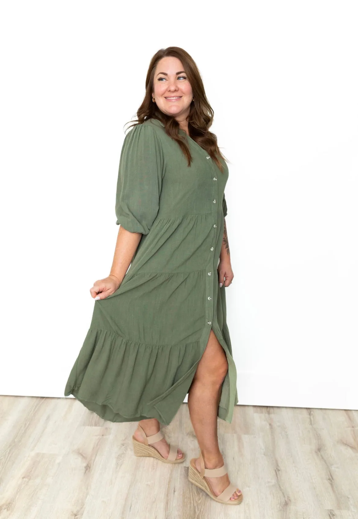 Button Down Tiered Midi Dress - Olive