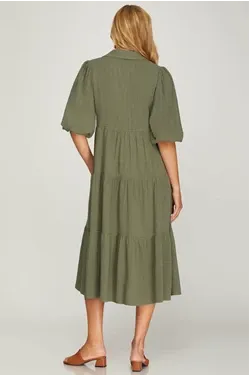 Button Down Tiered Midi Dress - Olive