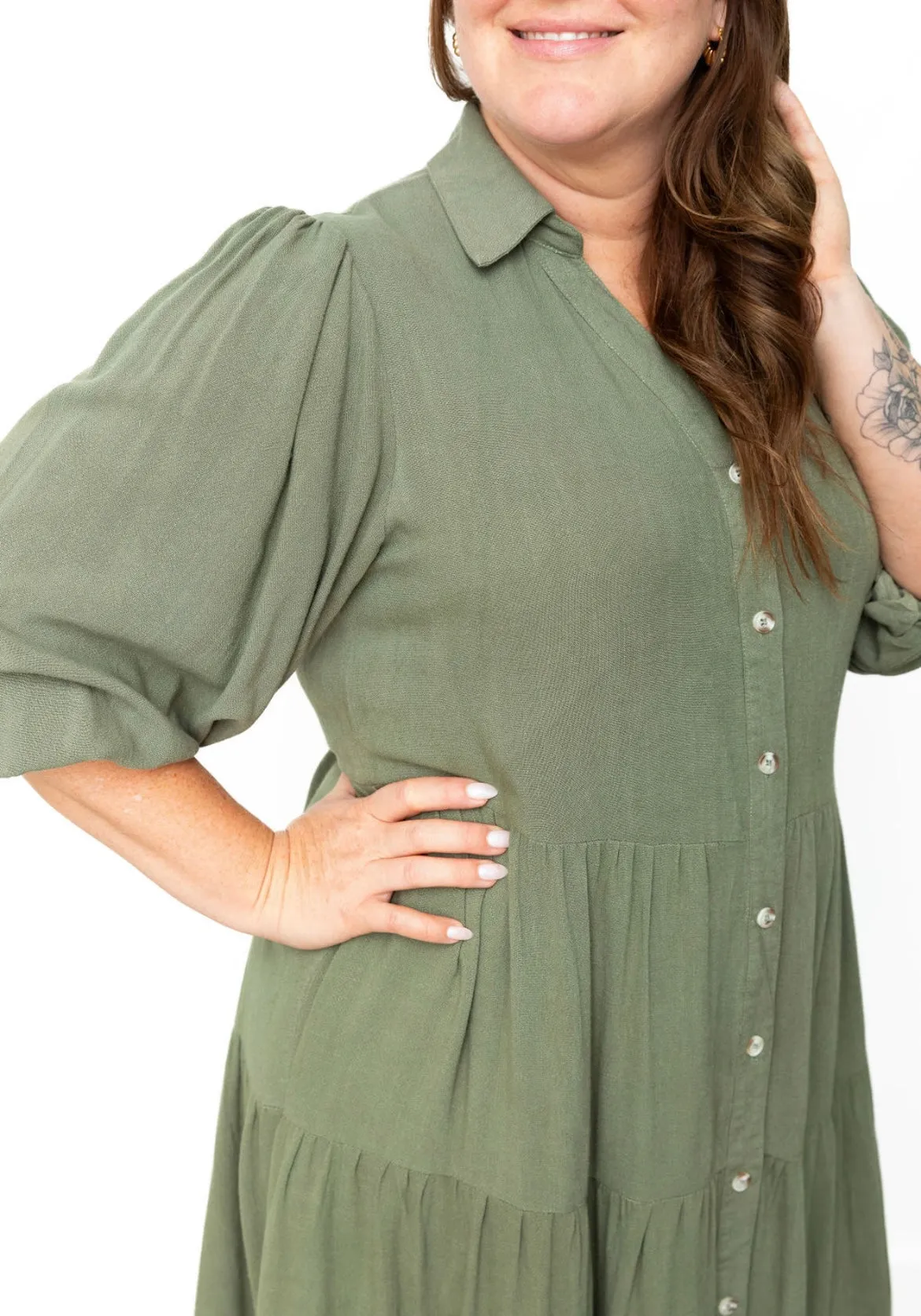 Button Down Tiered Midi Dress - Olive