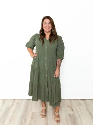 Button Down Tiered Midi Dress - Olive