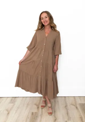 Button Down Tiered Midi Dress - Taupe
