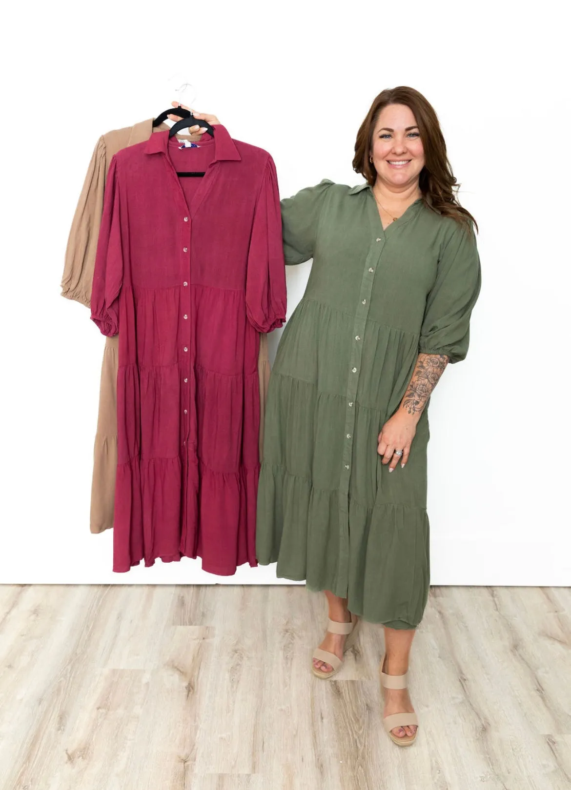Button Down Tiered Midi Dress - Taupe