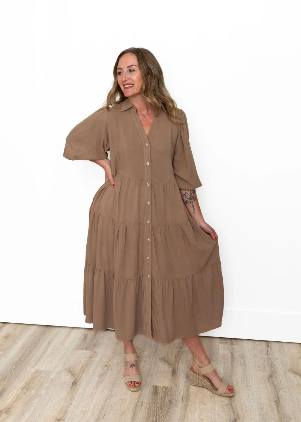 Button Down Tiered Midi Dress - Taupe