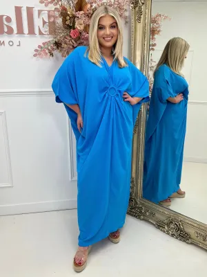 Carlotta Azure Gathered Ring Detailed V Neck Dress