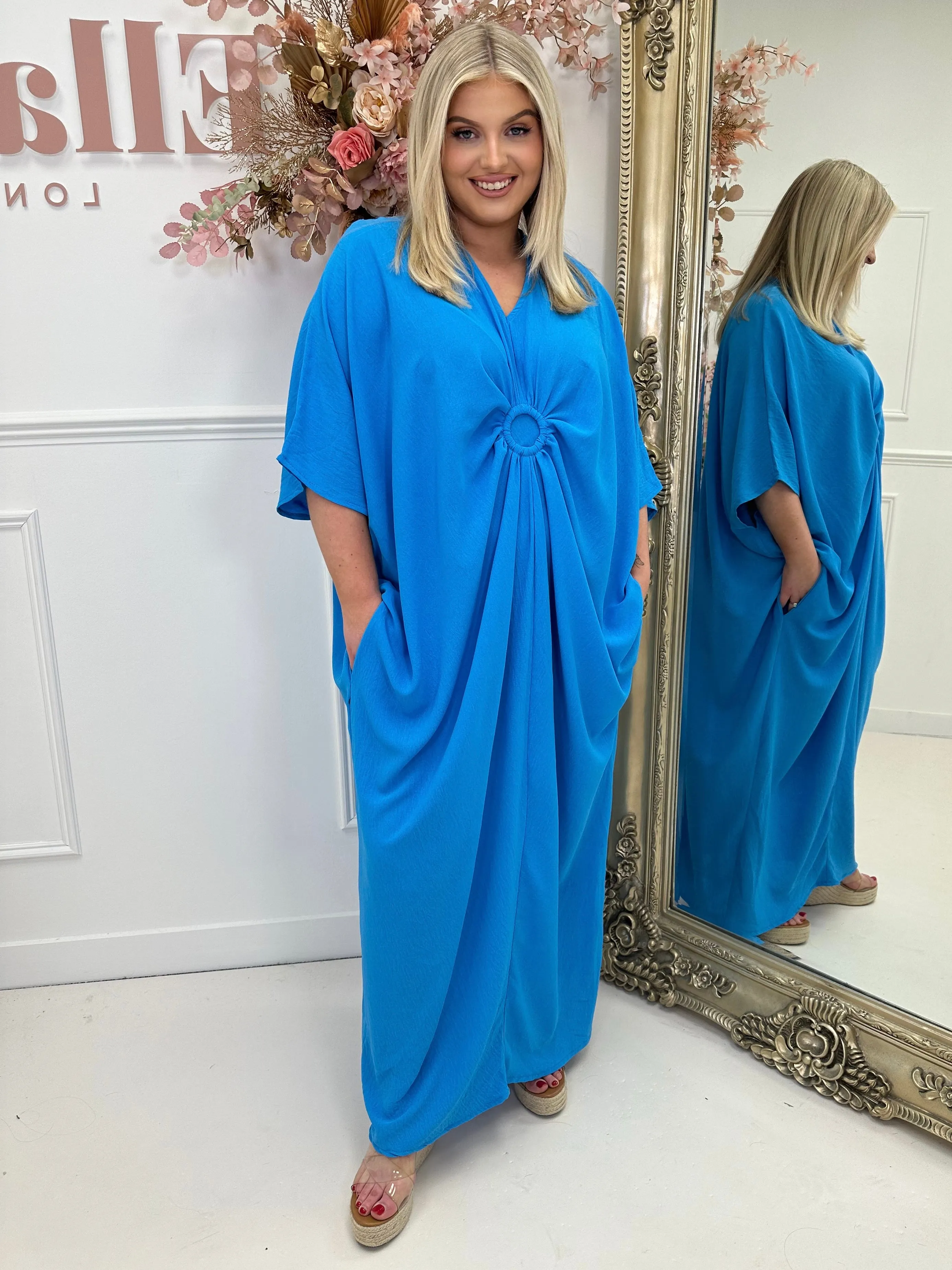 Carlotta Azure Gathered Ring Detailed V Neck Dress