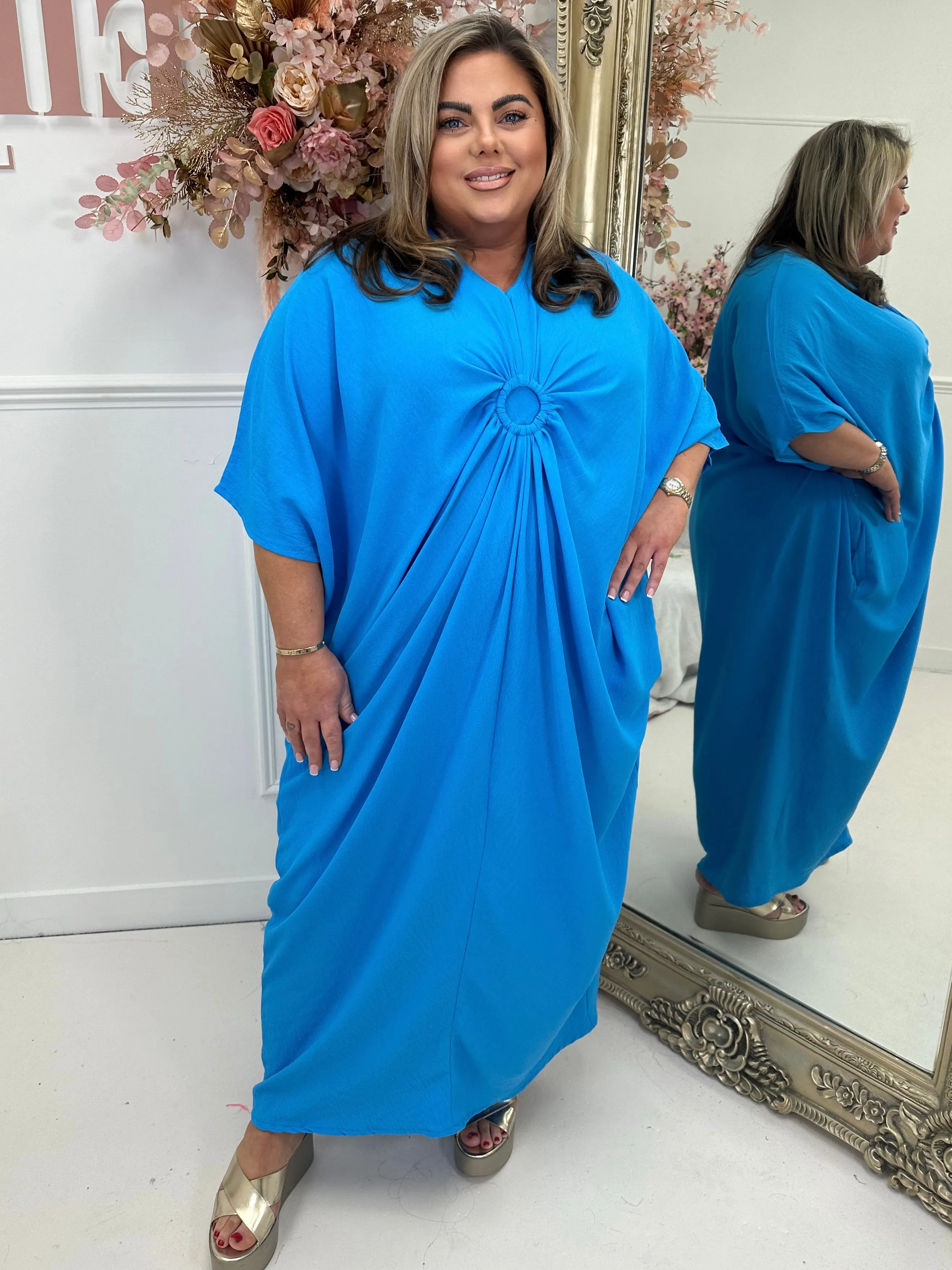 Carlotta Azure Gathered Ring Detailed V Neck Dress