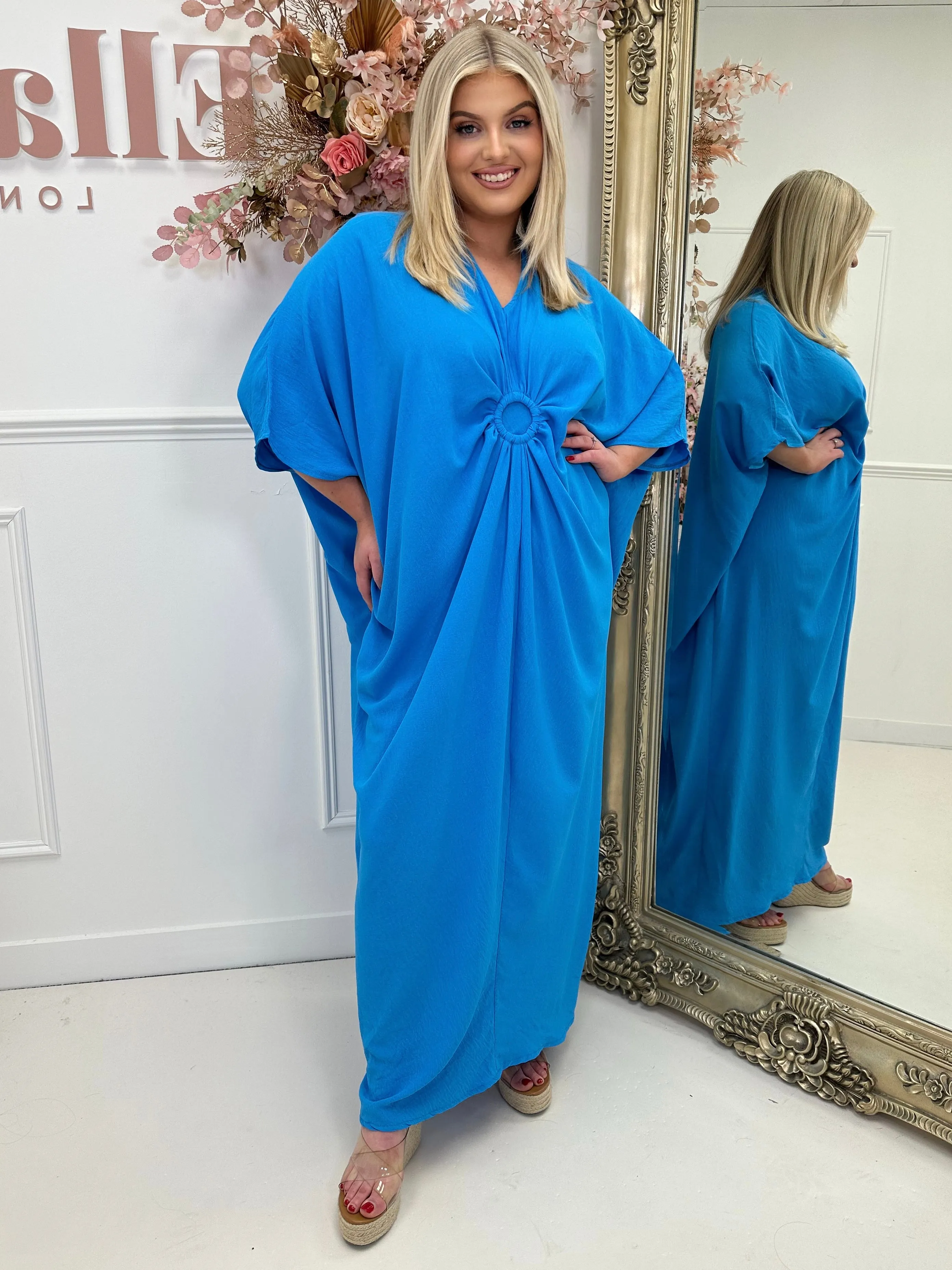 Carlotta Azure Gathered Ring Detailed V Neck Dress