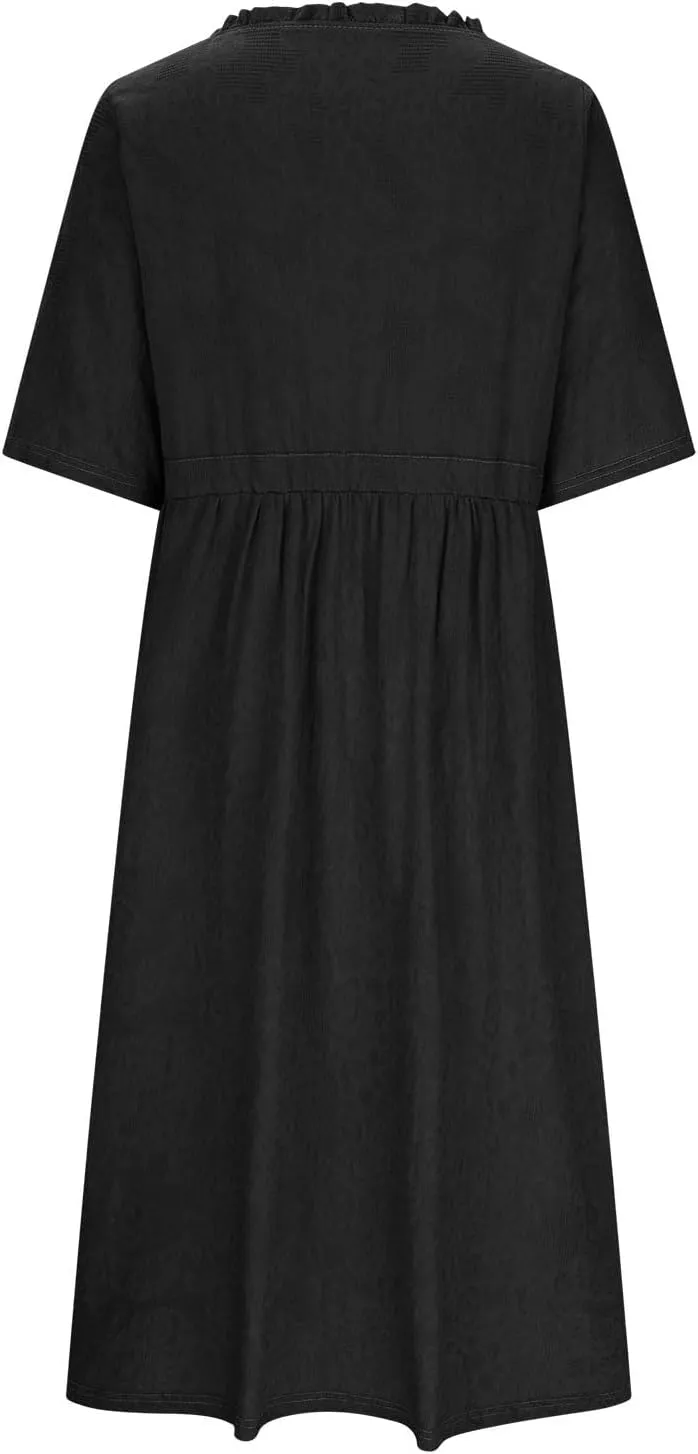 Casual Cotton Summer Dress Loose Short Sleeve V-Neck Button Sundress Fashion Solid Color Vacation Beach Dresses
