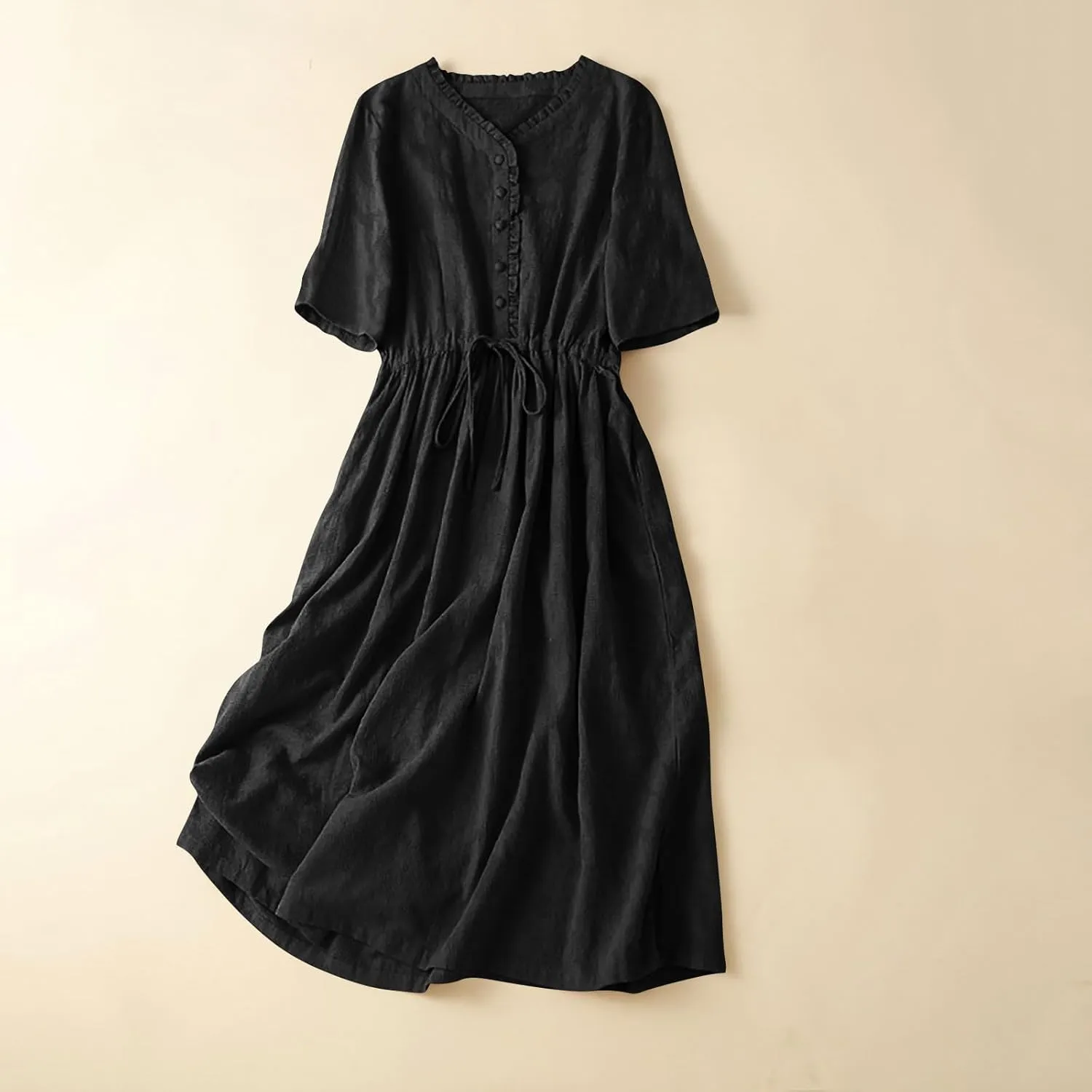 Casual Cotton Summer Dress Loose Short Sleeve V-Neck Button Sundress Fashion Solid Color Vacation Beach Dresses