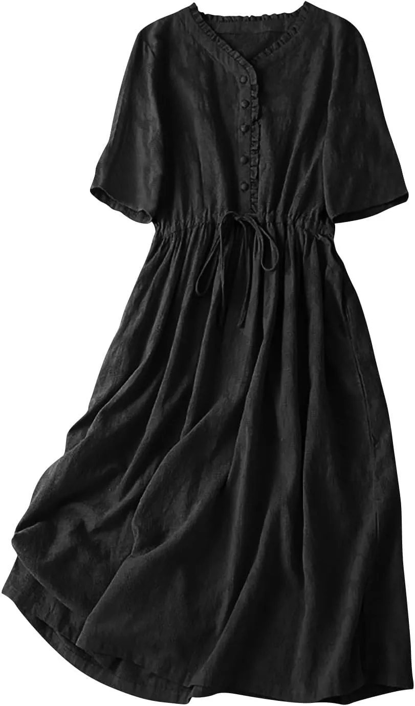 Casual Cotton Summer Dress Loose Short Sleeve V-Neck Button Sundress Fashion Solid Color Vacation Beach Dresses
