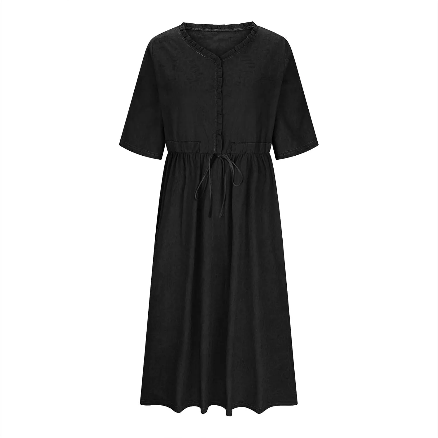 Casual Cotton Summer Dress Loose Short Sleeve V-Neck Button Sundress Fashion Solid Color Vacation Beach Dresses