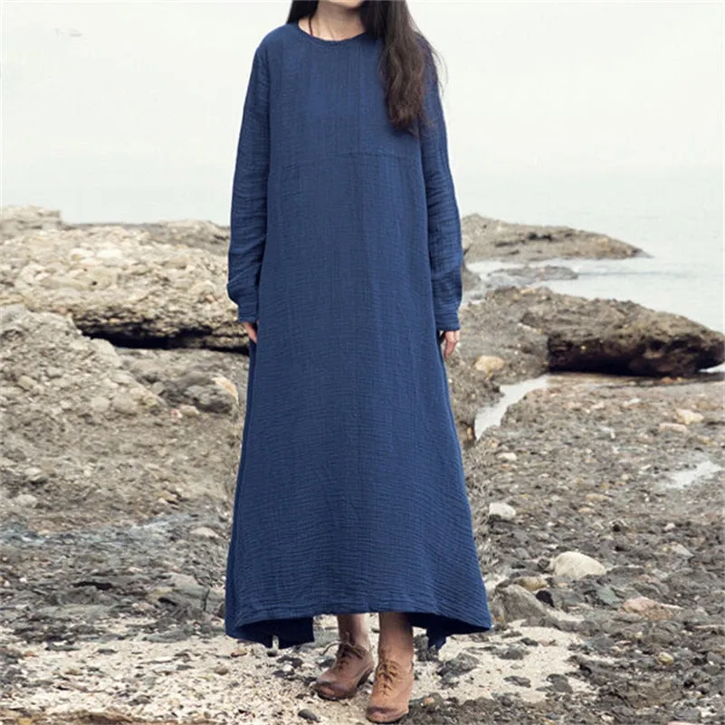Casual Long Sleeve Cotton Linen Dresses for Women