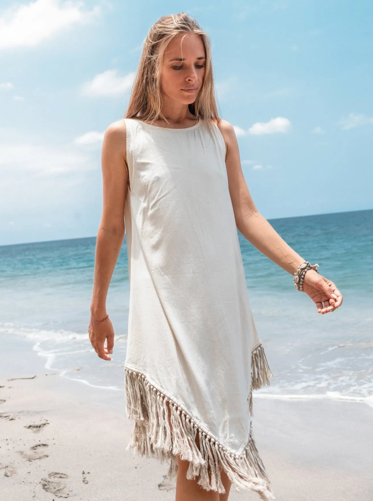 Cotton Corner Fringe Dress for Women / Off White