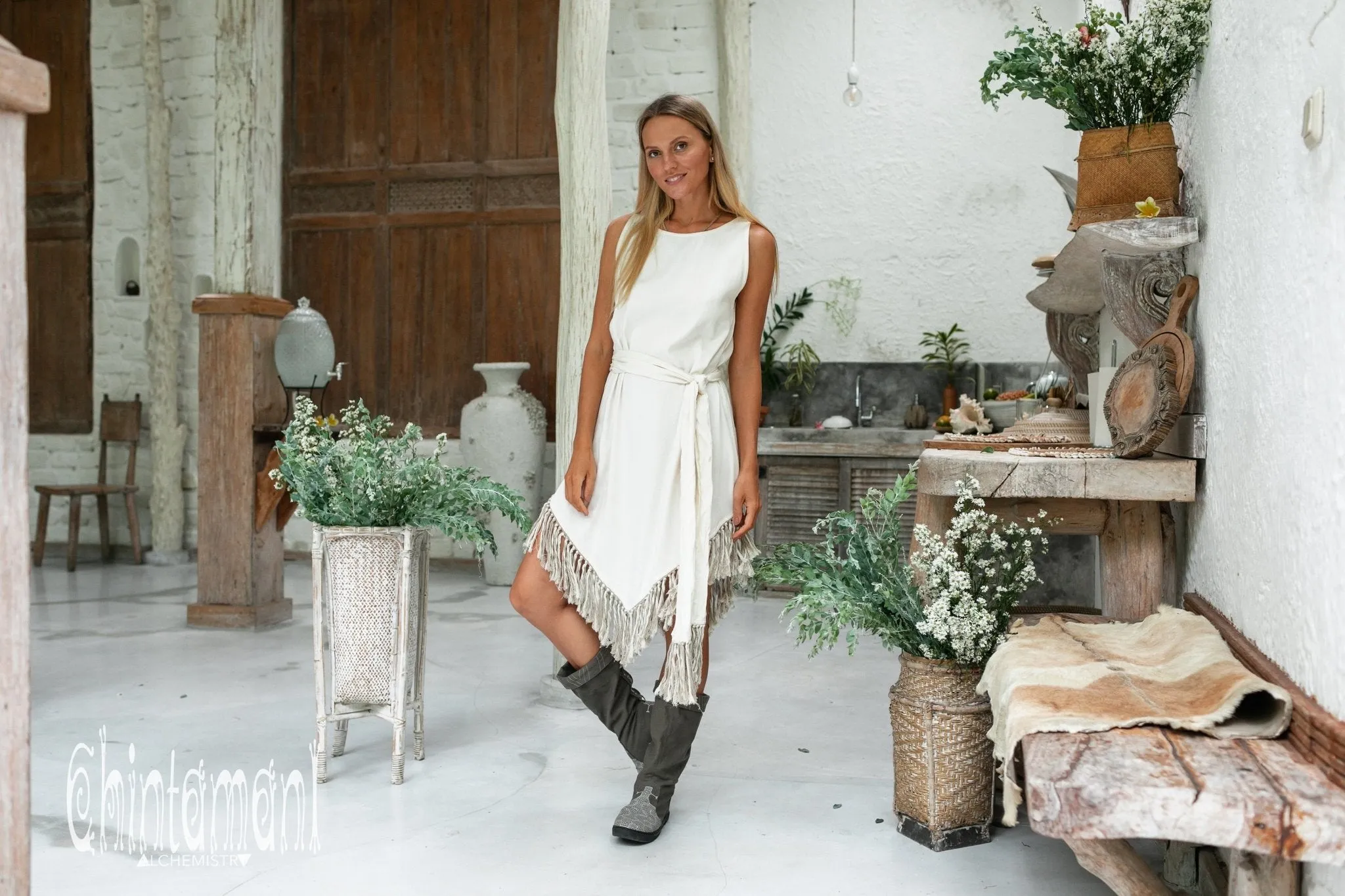 Cotton Corner Fringe Dress for Women / Off White