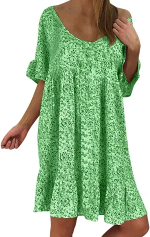 Dark Sweater Dress V Neck Women's Ladies Sexy Loose Print Hlaf Sleeve Ruffles Mini Dress Summer Dress