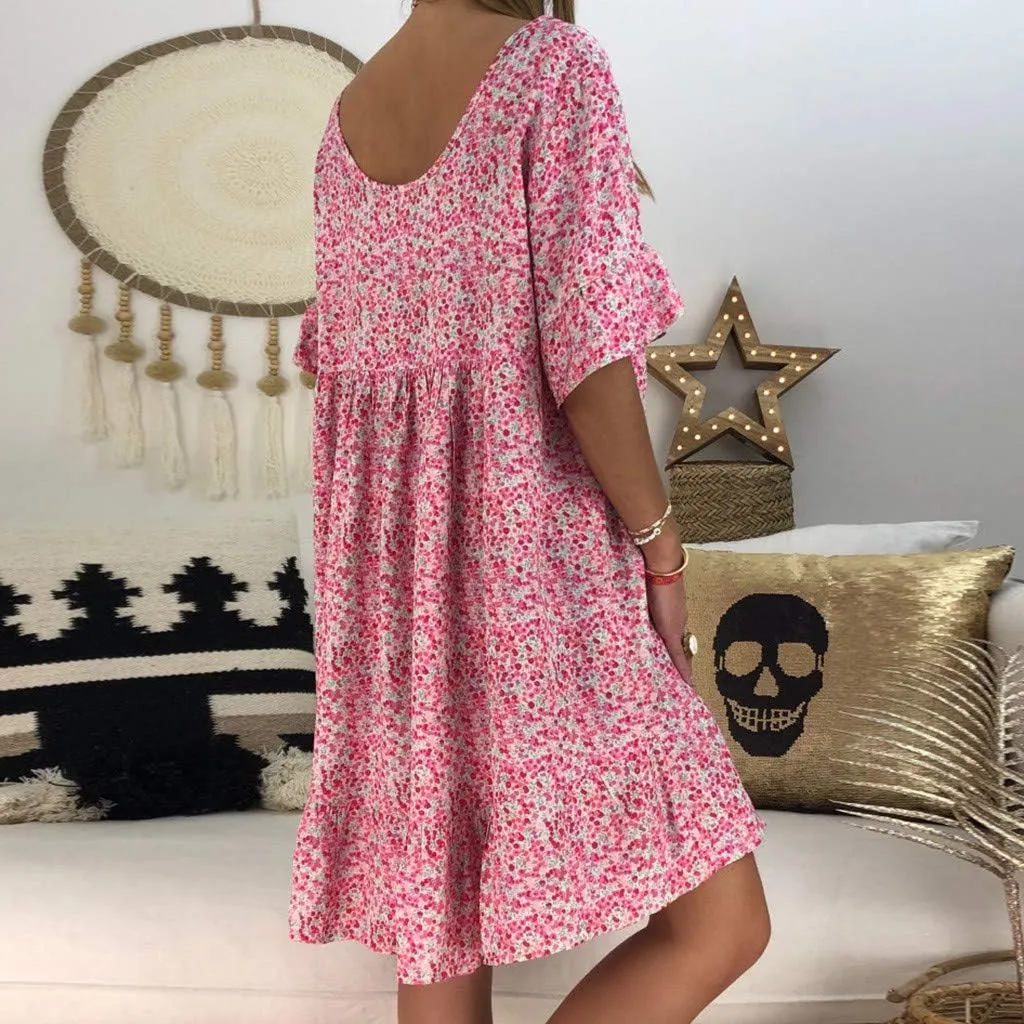 Dark Sweater Dress V Neck Women's Ladies Sexy Loose Print Hlaf Sleeve Ruffles Mini Dress Summer Dress