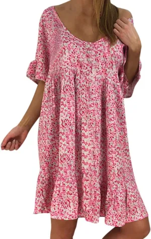 Dark Sweater Dress V Neck Women's Ladies Sexy Loose Print Hlaf Sleeve Ruffles Mini Dress Summer Dress