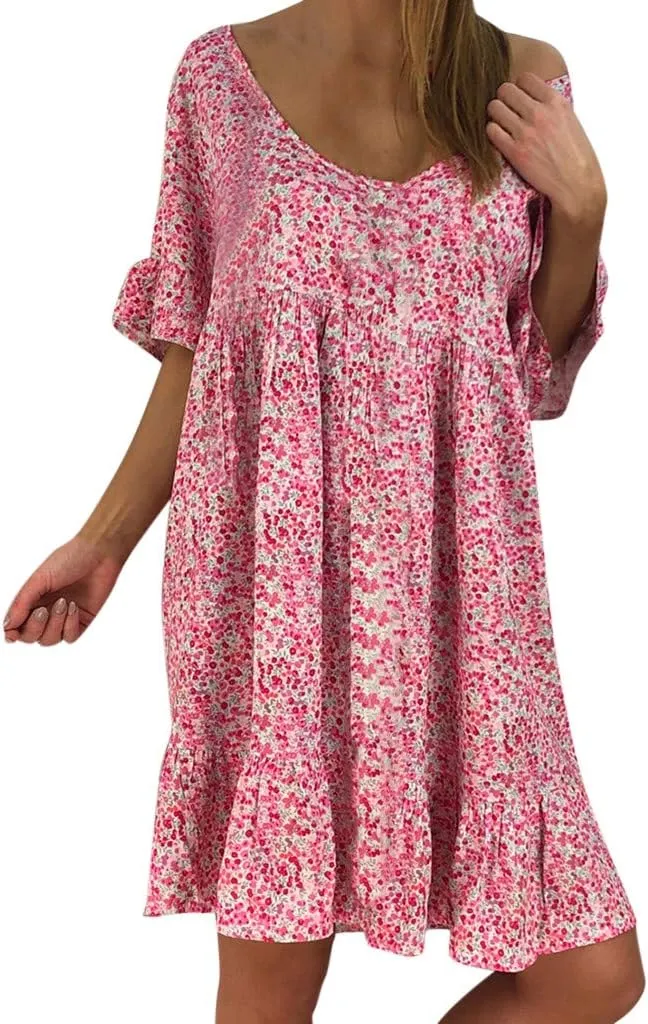 Dark Sweater Dress V Neck Women's Ladies Sexy Loose Print Hlaf Sleeve Ruffles Mini Dress Summer Dress