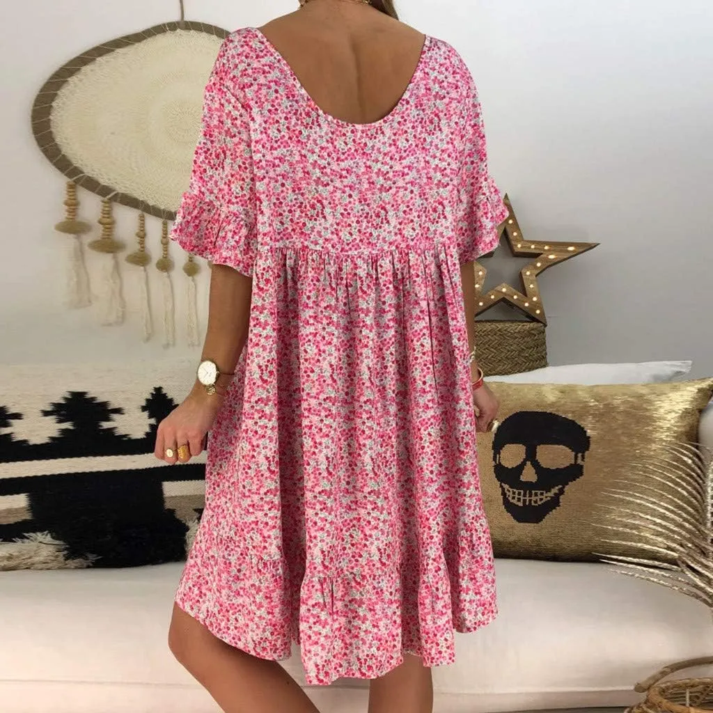Dark Sweater Dress V Neck Women's Ladies Sexy Loose Print Hlaf Sleeve Ruffles Mini Dress Summer Dress