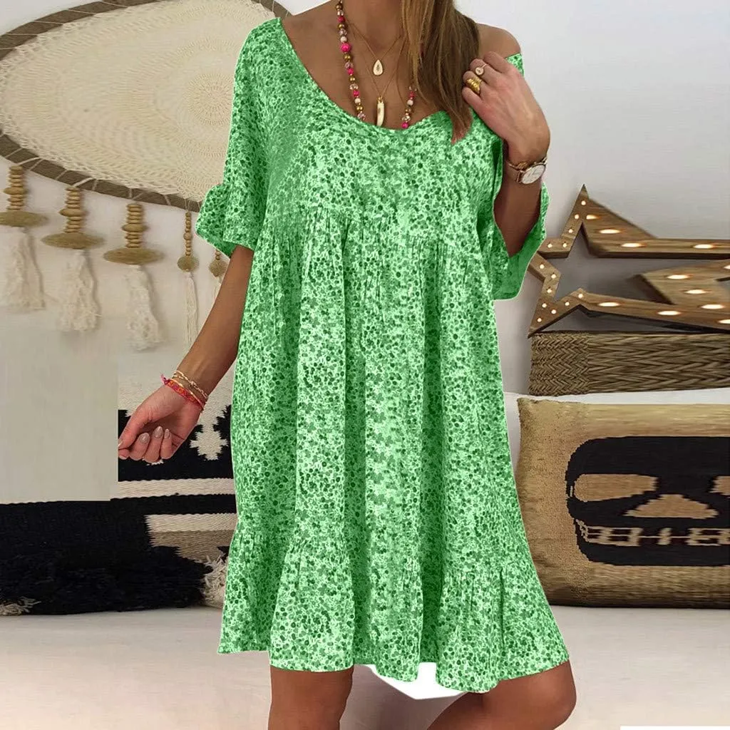 Dark Sweater Dress V Neck Women's Ladies Sexy Loose Print Hlaf Sleeve Ruffles Mini Dress Summer Dress