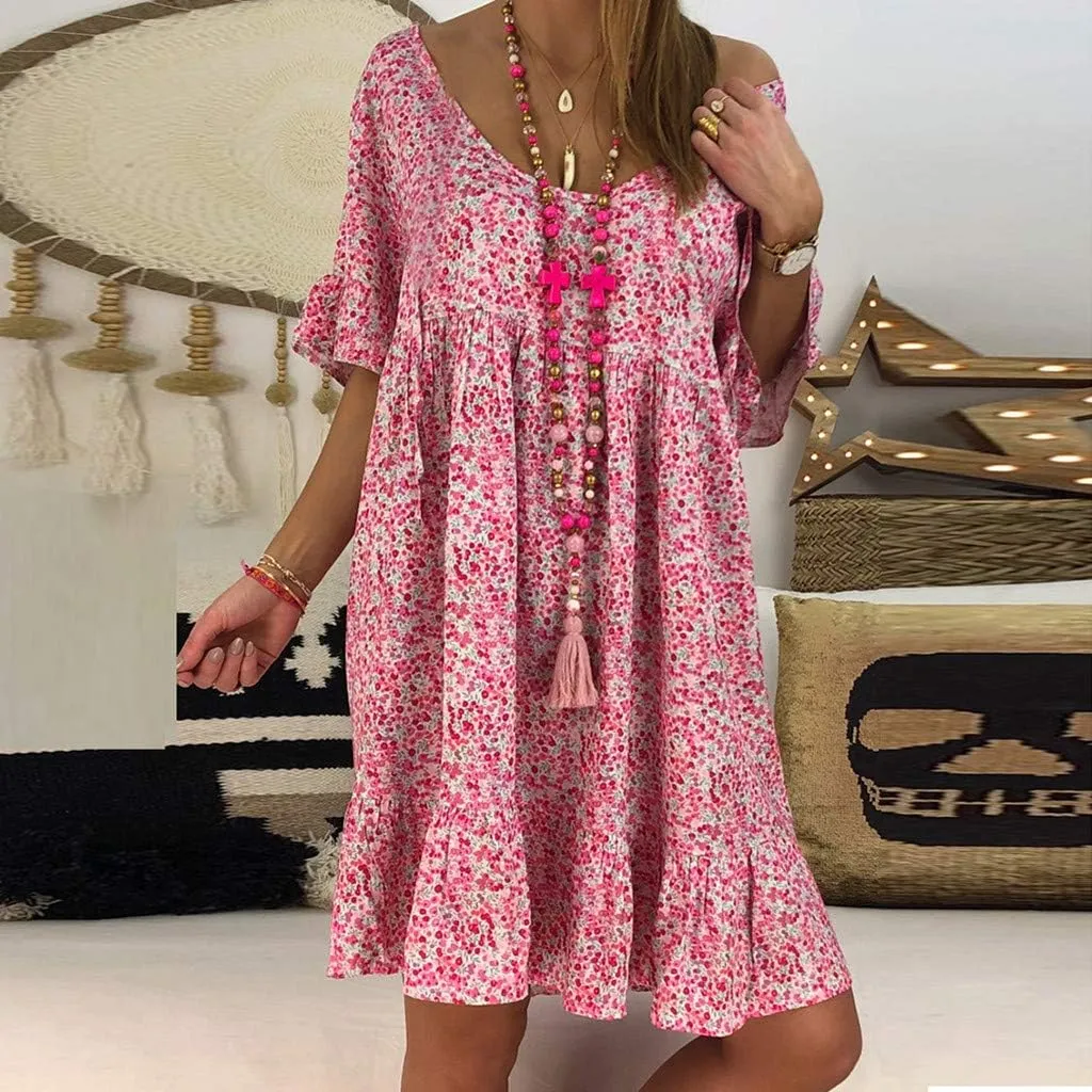 Dark Sweater Dress V Neck Women's Ladies Sexy Loose Print Hlaf Sleeve Ruffles Mini Dress Summer Dress