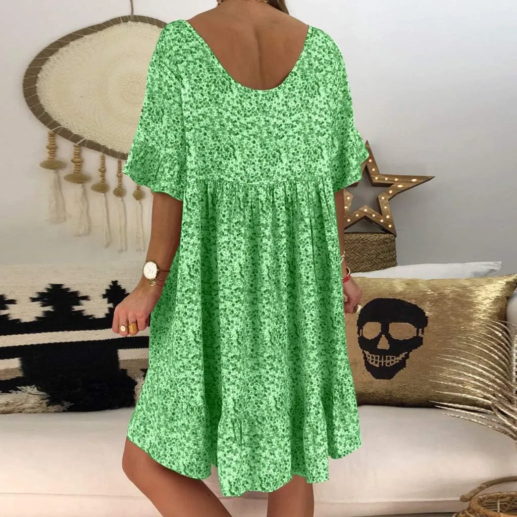 Dark Sweater Dress V Neck Women's Ladies Sexy Loose Print Hlaf Sleeve Ruffles Mini Dress Summer Dress