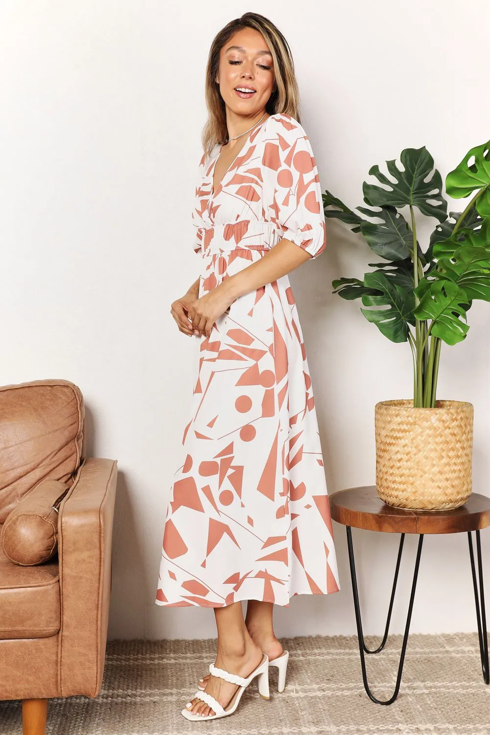 Double Take Printed Surplice Balloon Sleeve Dress - 2 Colors
