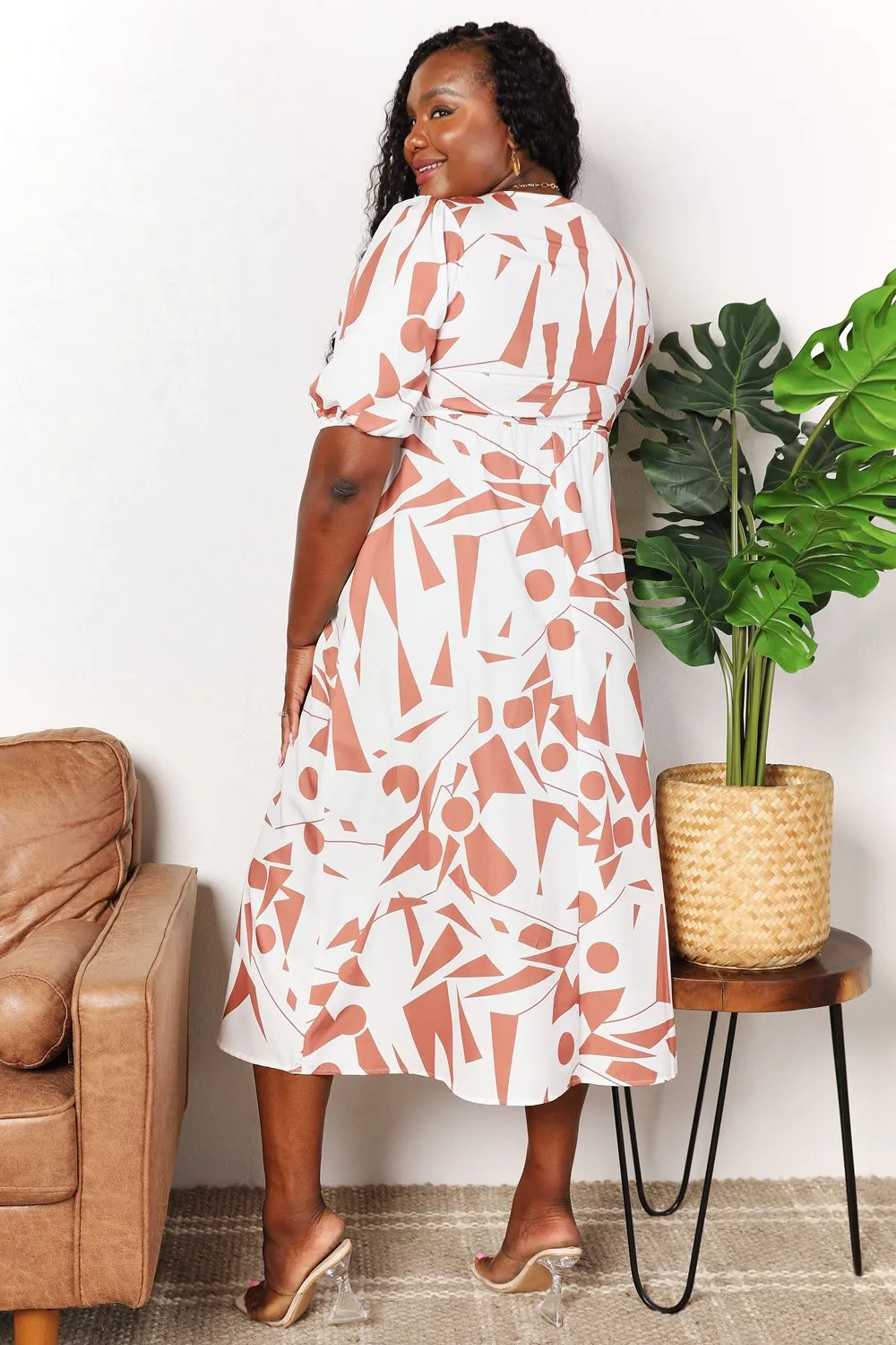 Double Take Printed Surplice Balloon Sleeve Dress - 2 Colors