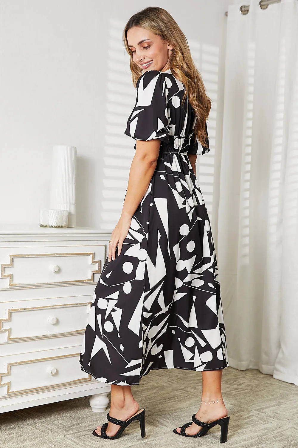 Double Take Printed Surplice Balloon Sleeve Dress - 2 Colors