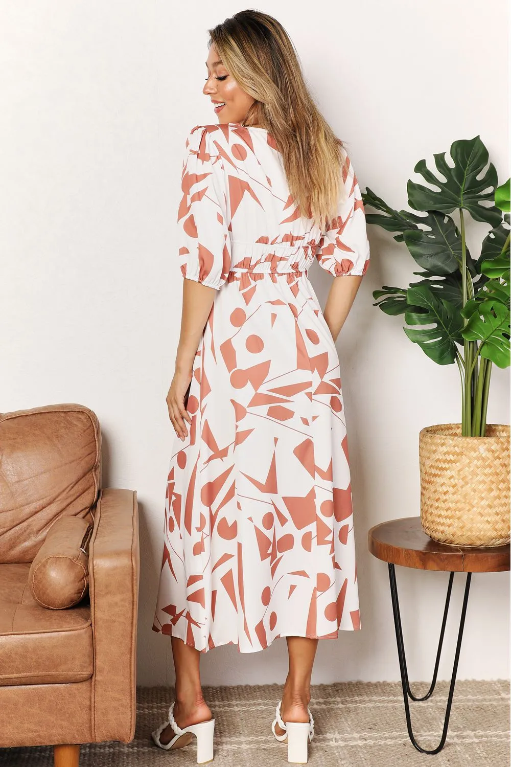 Double Take Printed Surplice Balloon Sleeve Dress - 2 Colors