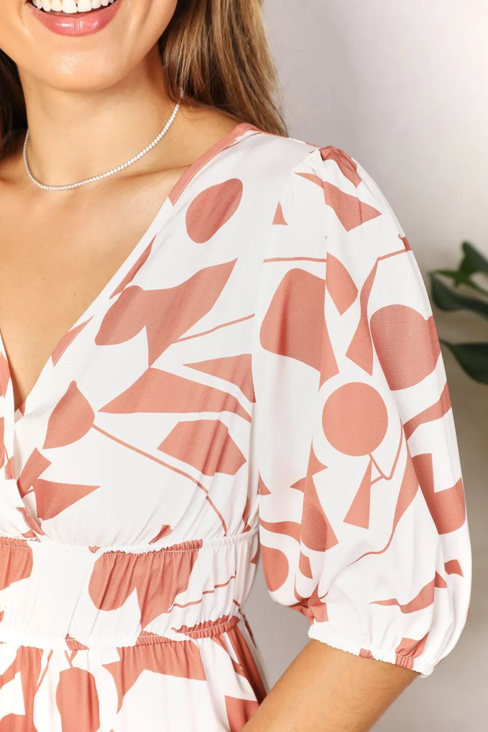 Double Take Printed Surplice Balloon Sleeve Dress - 2 Colors