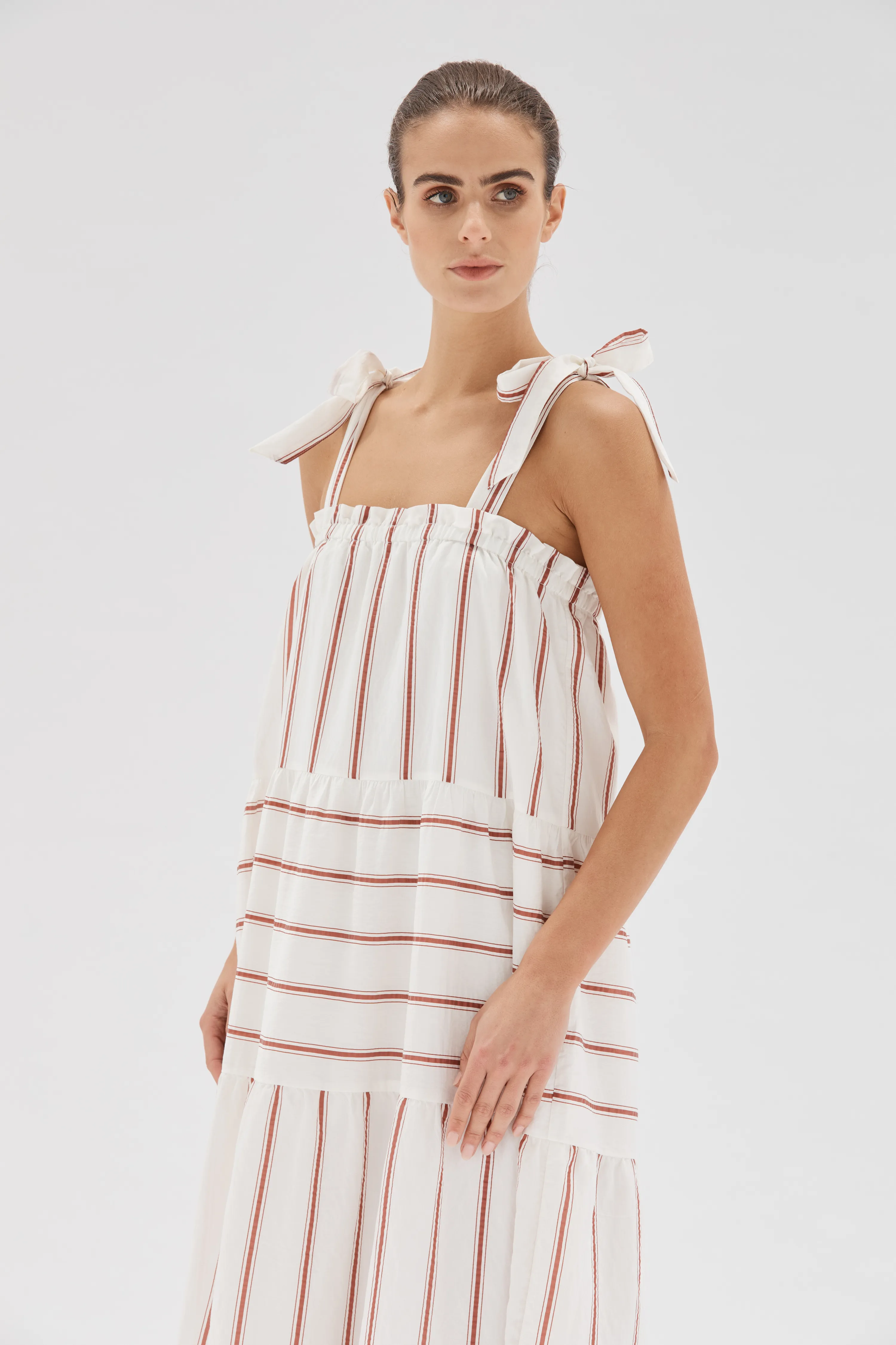 Esmee Sienna Stripe White Tiered Strappy Midi Dress