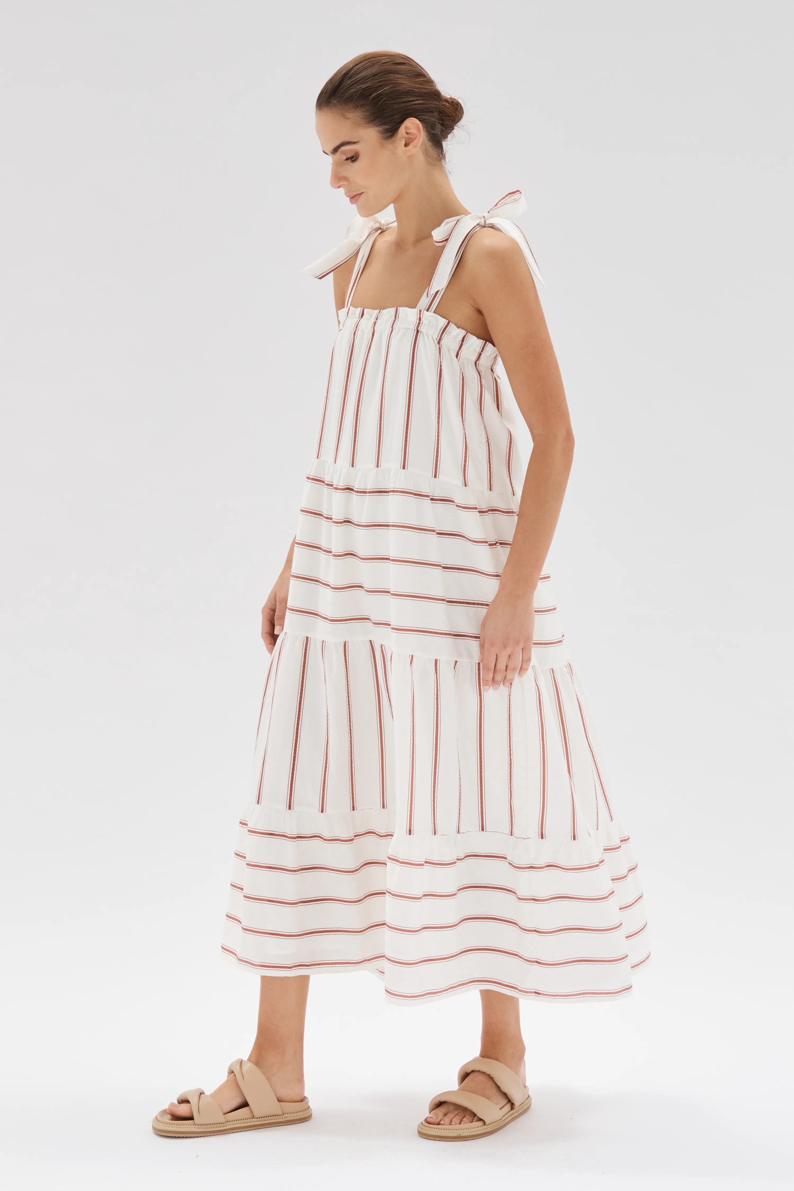 Esmee Sienna Stripe White Tiered Strappy Midi Dress