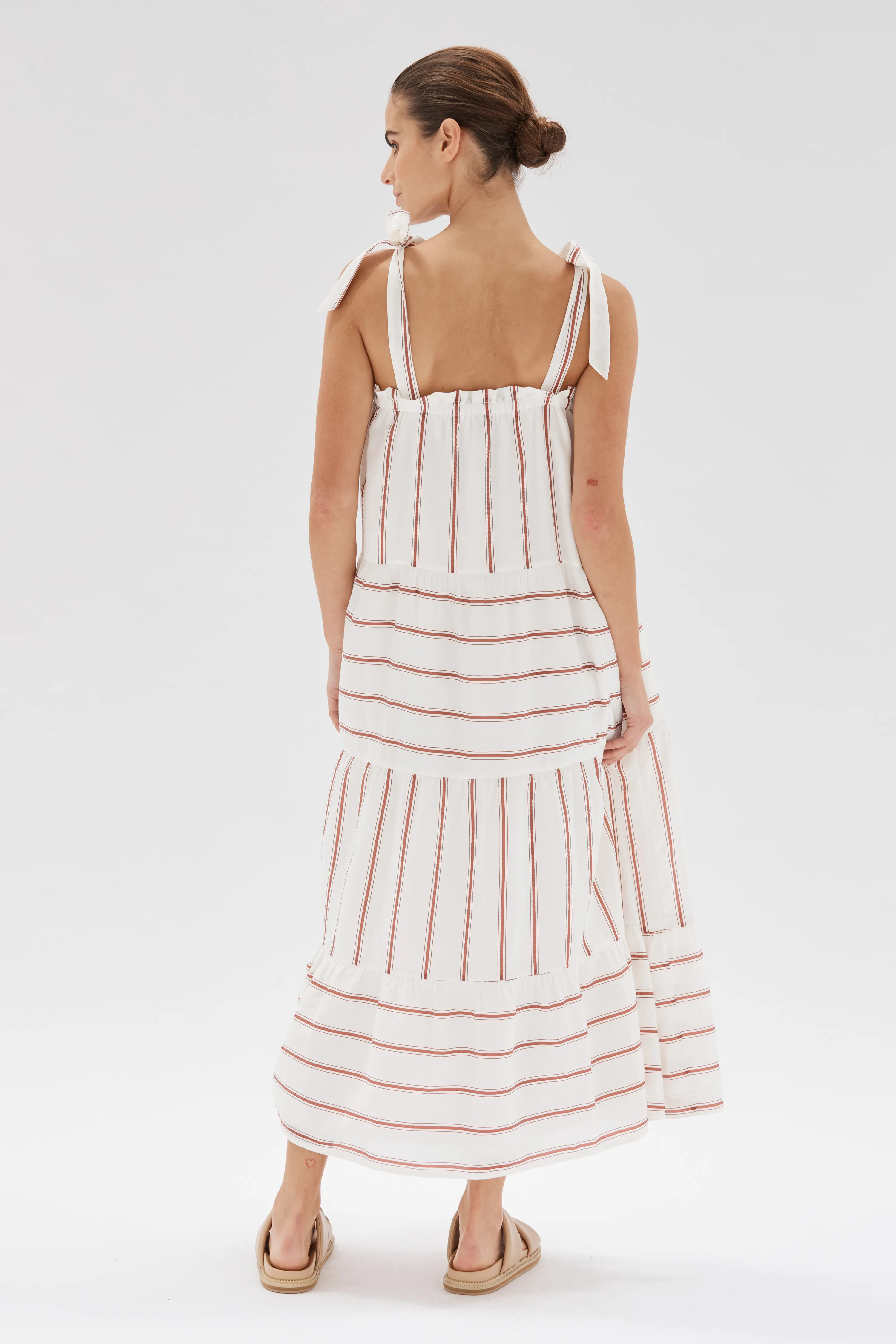 Esmee Sienna Stripe White Tiered Strappy Midi Dress