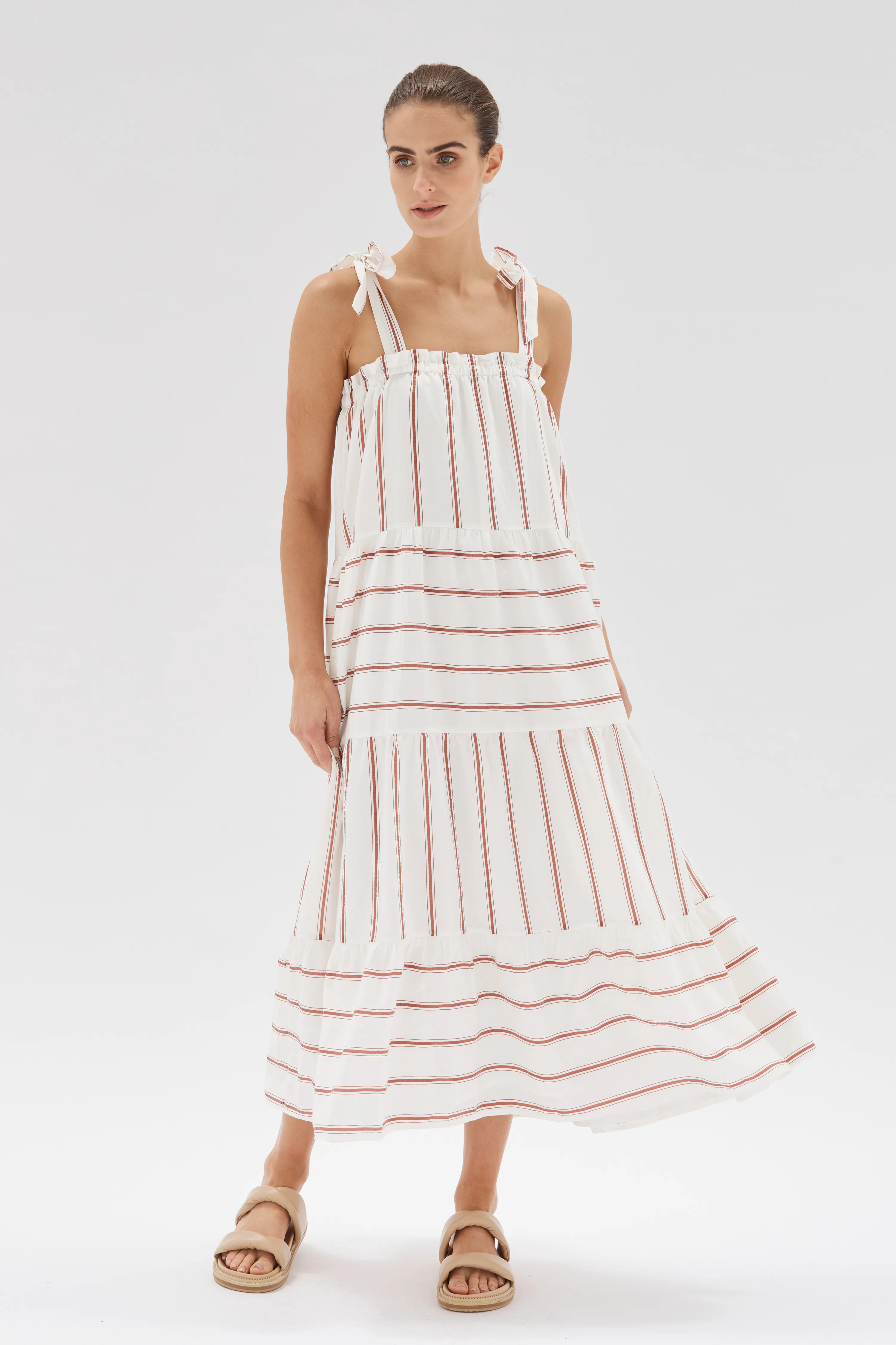 Esmee Sienna Stripe White Tiered Strappy Midi Dress