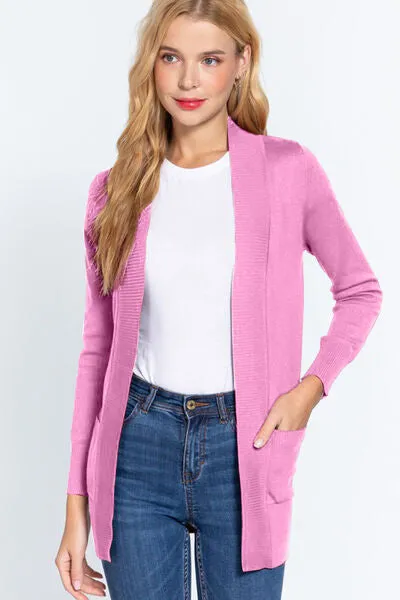 Explore More Collection - ACTIVE BASIC Ribbed Trim Open Front Cardigan